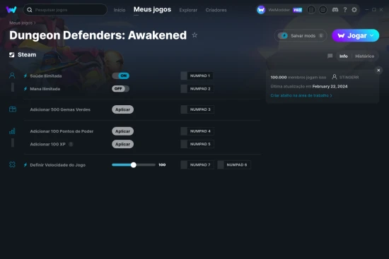 Captura de tela de cheats do Dungeon Defenders: Awakened
