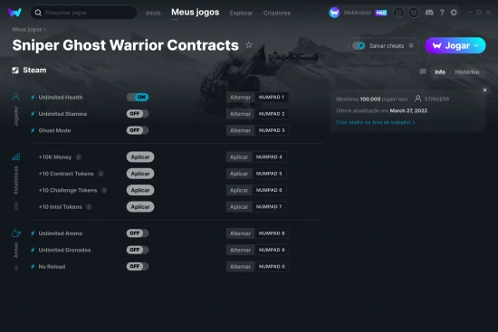 Captura de tela de cheats do Sniper Ghost Warrior Contracts