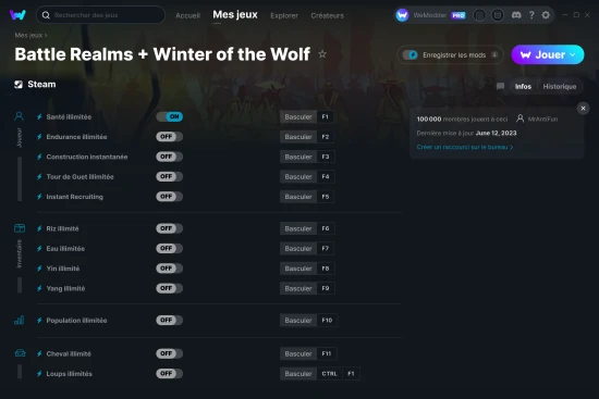 Capture d'écran de triches de Battle Realms + Winter of the Wolf