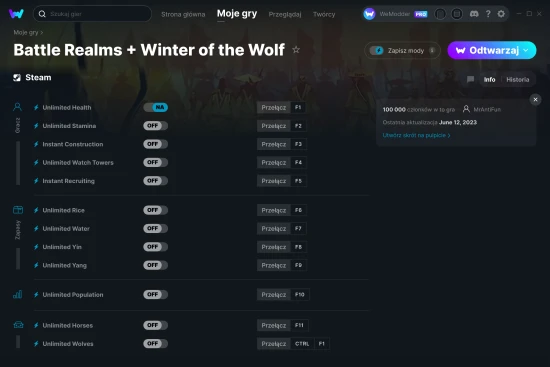 cheaty Battle Realms + Winter of the Wolf zrzut ekranu