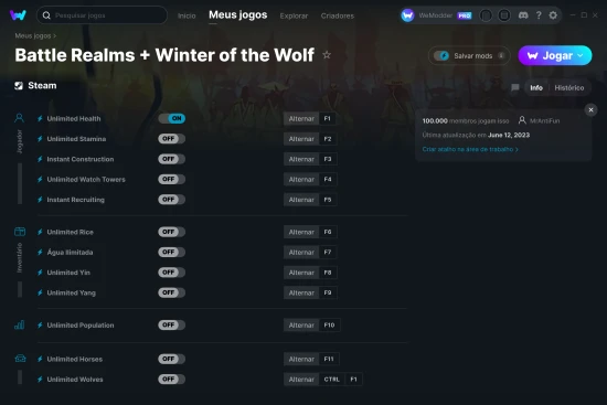 Captura de tela de cheats do Battle Realms + Winter of the Wolf