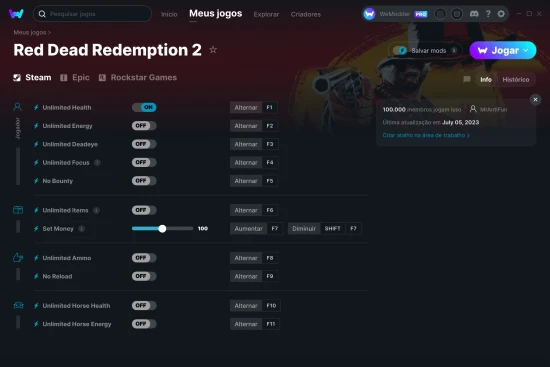 Captura de tela de cheats do Red Dead Redemption 2