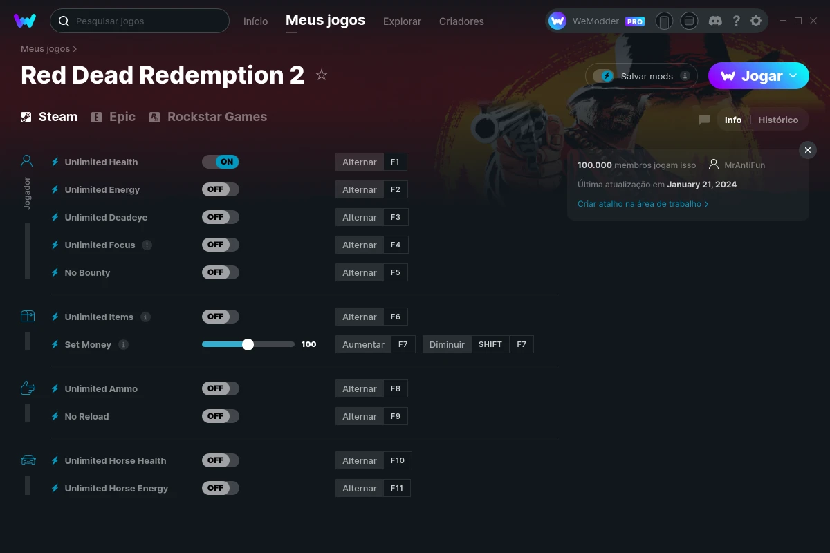 Captura de tela de cheats do Red Dead Redemption 2
