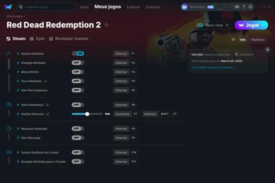 Captura de tela de cheats do Red Dead Redemption 2