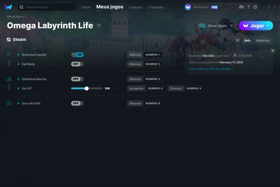 Captura de tela de cheats do Omega Labyrinth Life