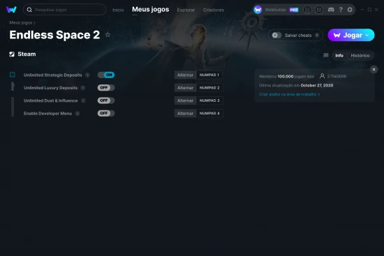 Captura de tela de cheats do Endless Space 2