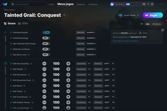 Captura de tela de cheats do Tainted Grail: Conquest