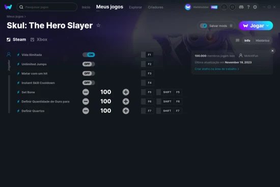 Captura de tela de cheats do Skul: The Hero Slayer