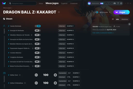 Captura de tela de cheats do DRAGON BALL Z: KAKAROT