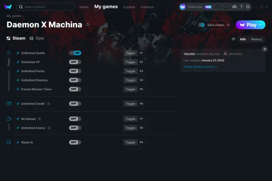 Daemon X Machina cheats screenshot