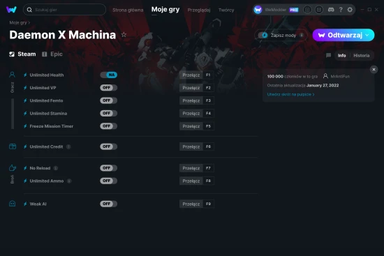 cheaty Daemon X Machina zrzut ekranu