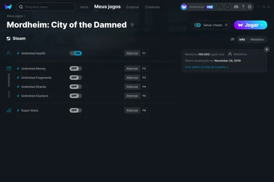 Captura de tela de cheats do Mordheim: City of the Damned