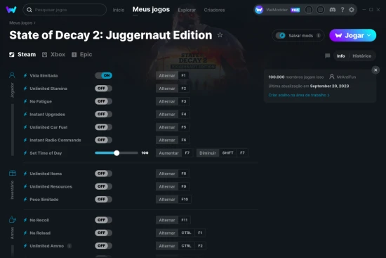 Captura de tela de cheats do State of Decay 2: Juggernaut Edition