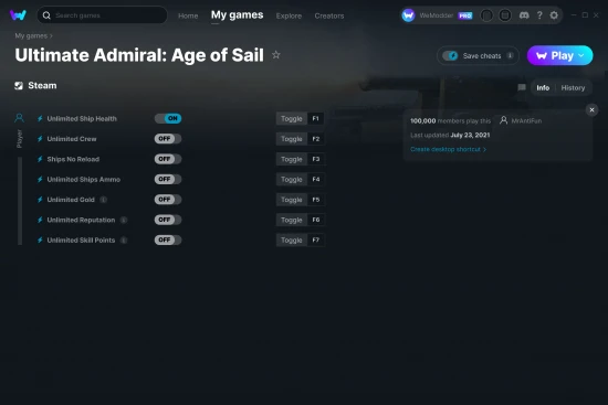 Ultimate Admiral: Age of Sail cheats screenshot