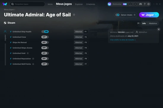 Captura de tela de cheats do Ultimate Admiral: Age of Sail