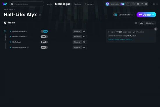 Captura de tela de cheats do Half-Life: Alyx