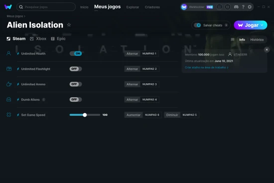 Captura de tela de cheats do Alien Isolation