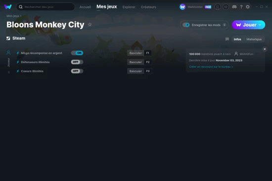 Capture d'écran de triches de Bloons Monkey City