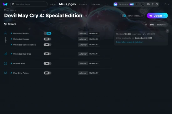 Captura de tela de cheats do Devil May Cry 4: Special Edition