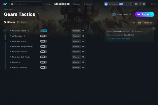 Captura de tela de cheats do Gears Tactics