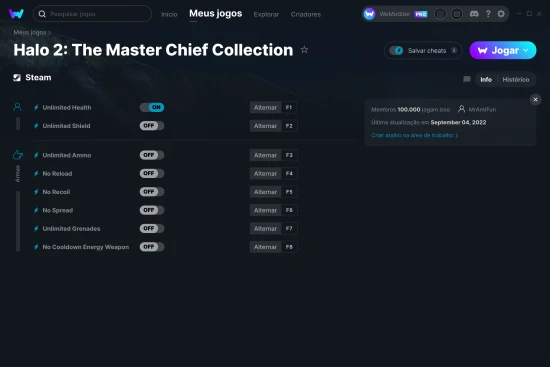Captura de tela de cheats do Halo 2: The Master Chief Collection