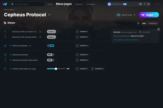 Captura de tela de cheats do Cepheus Protocol