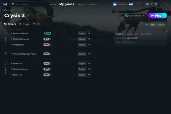 Crysis 3 cheats screenshot