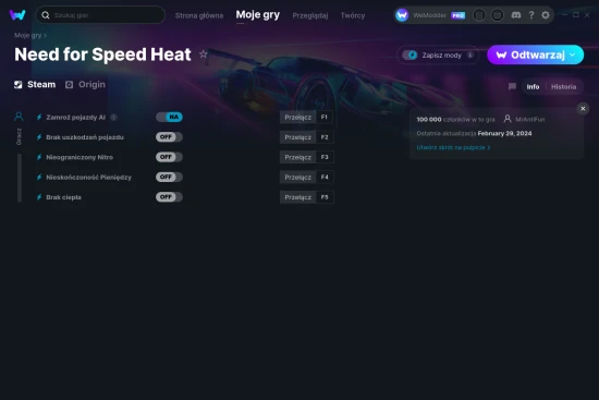 cheaty Need for Speed Heat zrzut ekranu