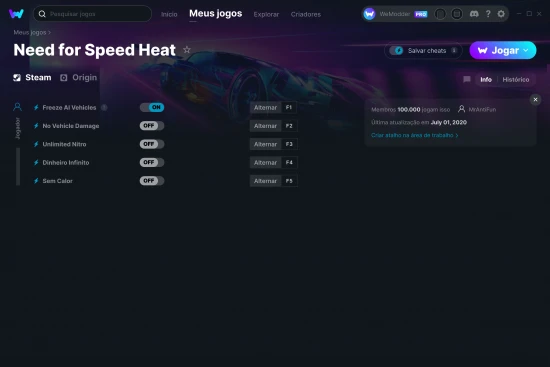 Captura de tela de cheats do Need for Speed Heat