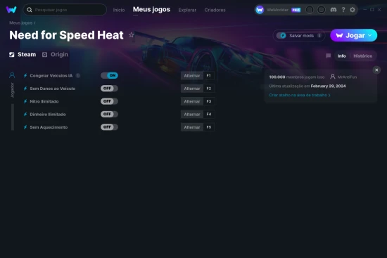 Captura de tela de cheats do Need for Speed Heat