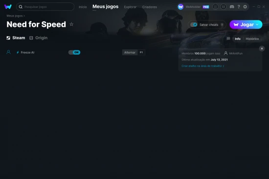 Captura de tela de cheats do Need for Speed