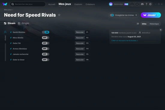 Capture d'écran de triches de Need for Speed Rivals