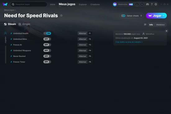 Captura de tela de cheats do Need for Speed Rivals