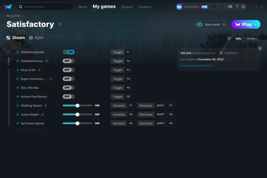 Satisfactory cheats screenshot
