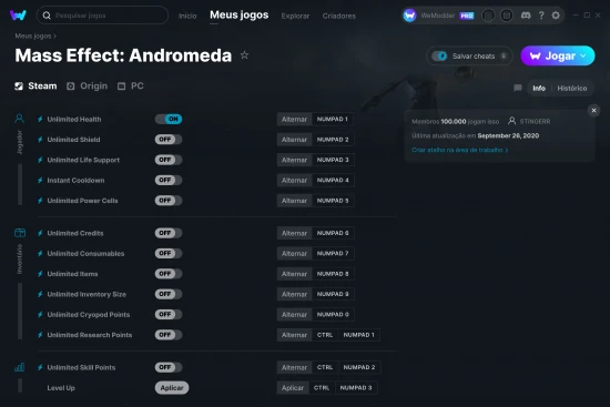 Captura de tela de cheats do Mass Effect: Andromeda