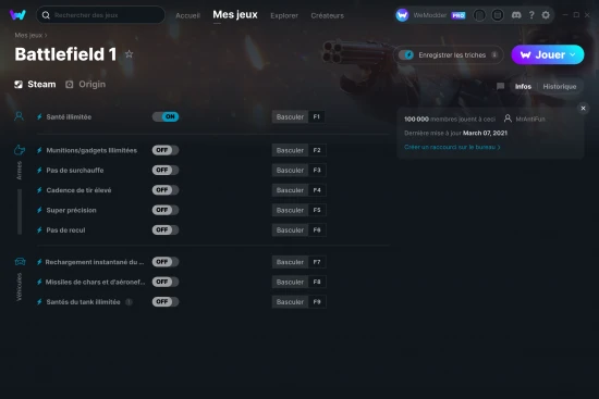 Capture d'écran de triches de Battlefield 1