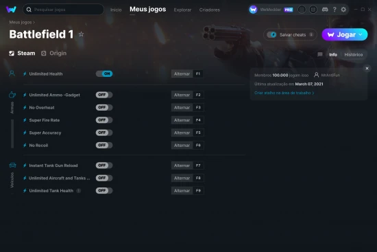 Captura de tela de cheats do Battlefield 1