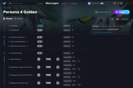 Captura de tela de cheats do Persona 4 Golden