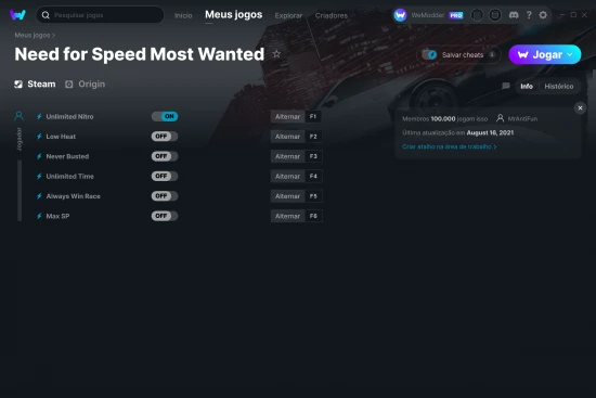 Captura de tela de cheats do Need for Speed Most Wanted