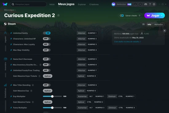 Captura de tela de cheats do Curious Expedition 2