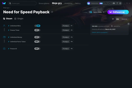 cheaty Need for Speed Payback zrzut ekranu