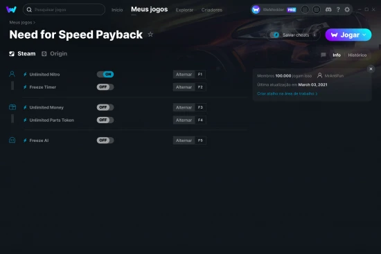 Captura de tela de cheats do Need for Speed Payback