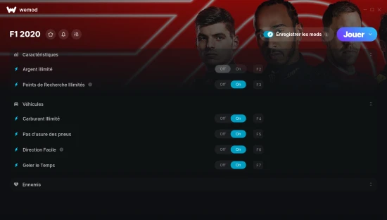 Capture d’écran des cheats pour F1 2020