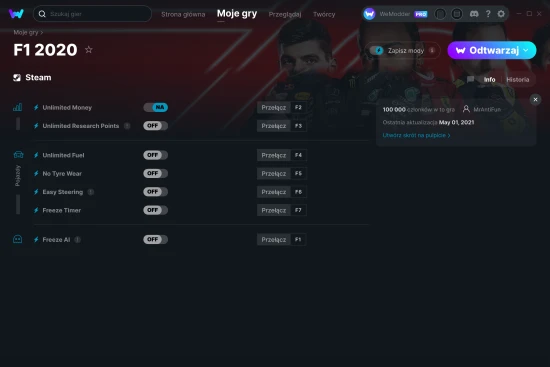cheaty F1 2020 zrzut ekranu
