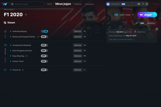 Captura de tela de cheats do F1 2020