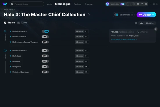 Captura de tela de cheats do Halo 3: The Master Chief Collection