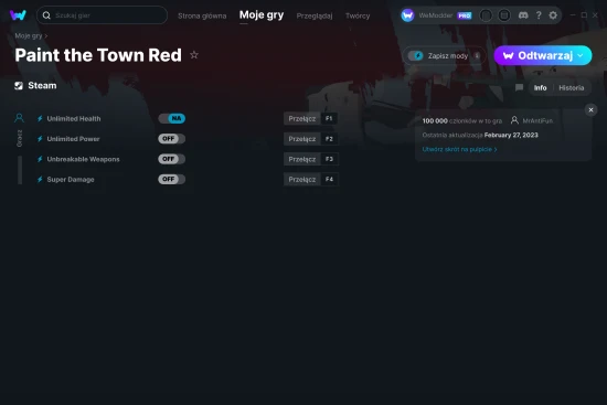 cheaty Paint the Town Red zrzut ekranu