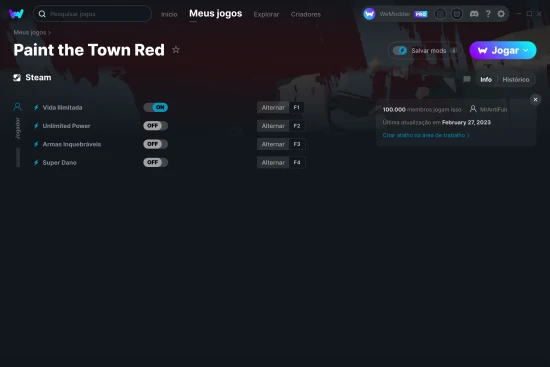 Captura de tela de cheats do Paint the Town Red