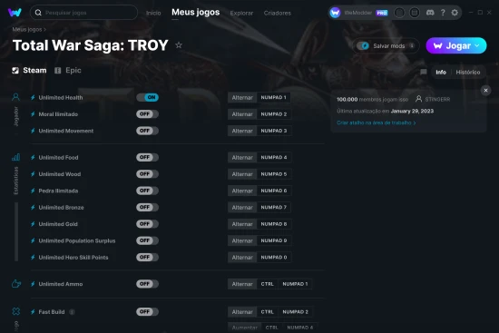 Captura de tela de cheats do Total War Saga: TROY