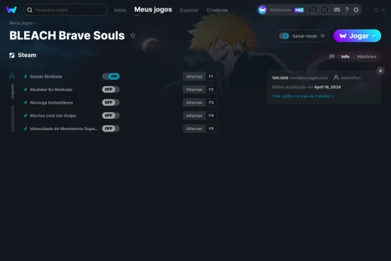 Captura de tela de cheats do BLEACH Brave Souls
